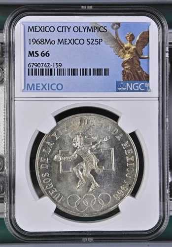 1968年 メキシコ 銀貨 25ペソ S25P オリンピック NGC MS66 美しいタイプ1 - 写真の通り