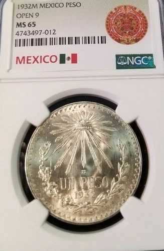 1932年 メキシコ シルバー 1ペソ オープン 9 NGC MS 65 ハイグレード クレイジーリバーストーニング