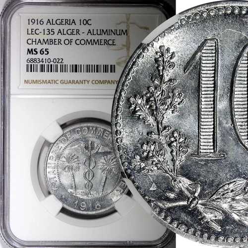 アルジェリア 1916 10サンチーム 商工会議所 NGC MS65 最高グレード KM# TnA5 (22)