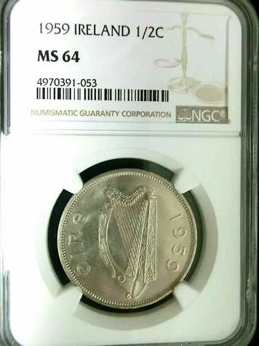 アイルランド、（1/2）ハーフクラウン、1959年 - NGC MS 64（SL）、希少