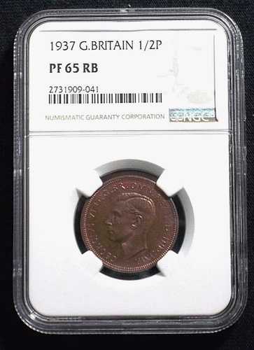 1937年 英国 プルーフ 1/2ペニー NGC PF65 RB UNC / BU 光沢 9041