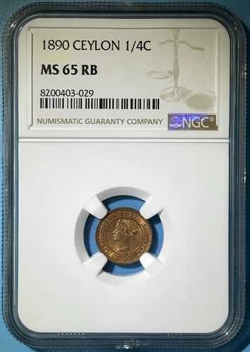 セイロン（スリランカ）1890年銅貨1/4セントクイーンビクトリアNGC MS 65 RB Km# 90 38,610円
