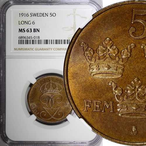 スウェーデン グスタフ V ブロンズ 1916 5 ?re NGC MS63 BN KM# 779.2 (18)