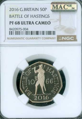 2016年 イギリス 50ペンス ヘイスティング NGC PF68 UCAM MAC スポットレス 発行枚数 6,900枚。