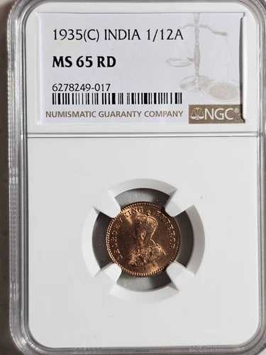インド 1/12 アンナ 1935C NGC MS 65 RD