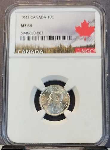 1943年 カナダ 銀貨 10セント 10C ジョージ6世 NGC MS 64 明るい美品