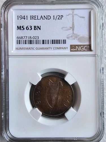 アイルランド 1/2 ペニー 1941 NGC MS 63 BN