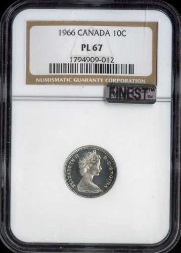 1966年カナダ銀貨10セントNGC PL67 MAC 最高級&無傷。