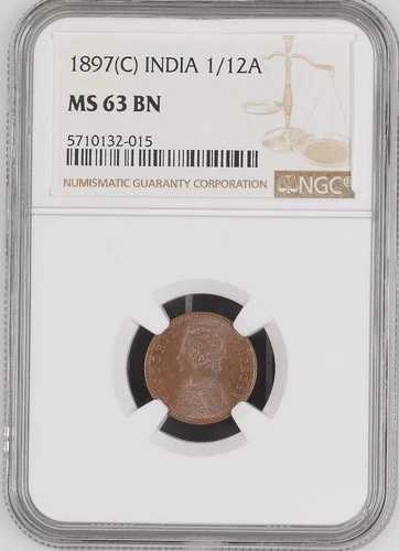 イギリス領インド 1/12 アンナ 1897 (C) KM# 483c NGC グレード MS-63 BN