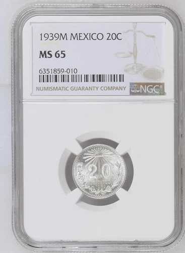 1939年メキシコ 20センタボ KM438 NGC MS65 .720 シルバー