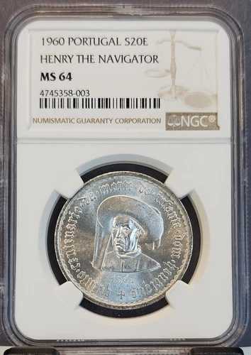 1960年 ポルトガル 銀貨 20エスクード ヘンリー航海者 NGC MS 64 美しいBU 38,610円