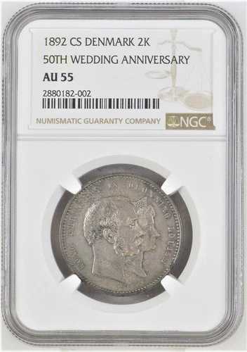.800 シルバー 1892 CS デンマーク 2 クローネ KM#800 クリスチャン9世 金婚式 NGC AU55