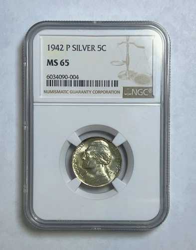 1942年 P ジェファーソン ニッケル 未流通 戦時中銀貨 5セント MS65 - 美しい光沢