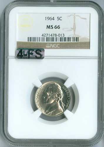 1964 年 ジェファーソン ニッケル NGC MS66 MAC 4FS スポットレス 最高級グレード 希少 $400 FS 。