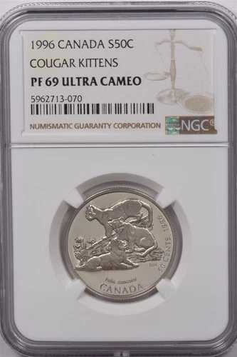 カナダ 1996年 50セント銀貨 NGCプルーフ 69 ウルトラカメオ クーガーキトゥン NG1616 コンビ