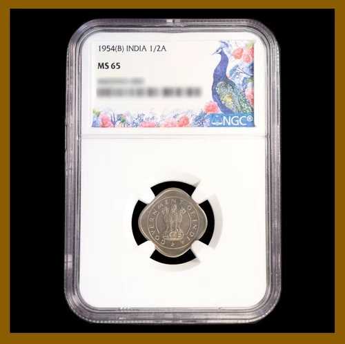 イギリス領インド 1/2 アンナ、1954年 (B) ボンベイ NGC MS 65 ゼブウ 雄ライオン 4465943-083