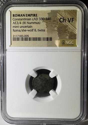 ローマ帝国 コンスタンティノス AE3/4 Bi Nummus AD 330-340 ロムルス&レム NGC Ch VF (005)