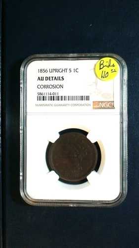 1856 年製 編み込みヘア ラージ セント NGC AU アップライト 5 枚 1 セント ペニー コイン、販売価格設定!