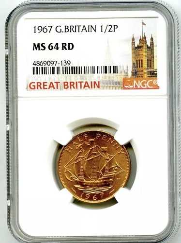 1967年 イギリス 1/2 P ハーフペニー NGC MS64 RD ハーフペニー 昨年 UNC デザイン