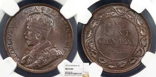 カナダ ジョージ5世 1913年 セント NGC MS-64 BN