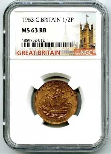 1963年 イギリス 1/2 P ハーフペニー NGC MS63 RB ゴールデンハインドデザイン ハーフペニー