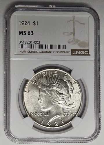 1924年 P フィラデルフィア造幣局 ピースシルバードル NGC MS 63