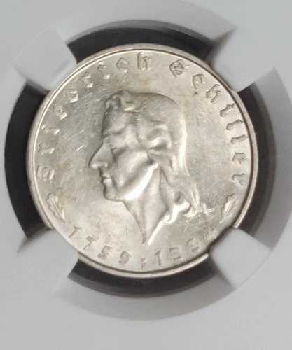 希少なキーデート 1934 F フリードリヒ・シラー 2 マルク ドイツ ナチス 第三帝国 NGC AU58