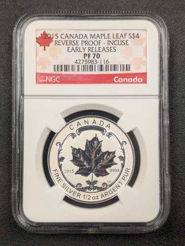 2015 PF 70 $4 リバースプルーフ カナダ メープルリーフ刻印 NGC ER 1/2オンス シルバー