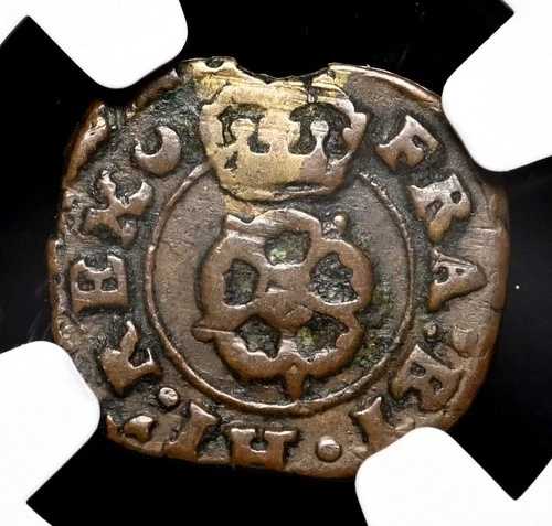 イングランド、チャールズ1世（1625-1642年）。銅製ローズ・ファージング、真鍮製ウェッジ、NGC XF 詳細
