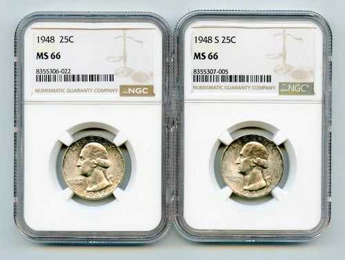 1948年および1948-S年ワシントン銀貨25セント NGC MS66