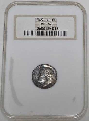 1949-S ルーズベルト シルバーダイム NGC MS67 モンスターレインボートーニング オールドファッティホルダー