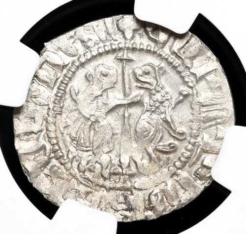 十字軍、キリキア・アルメニア。レヴォン1世、1198-1219年。銀の路面電車。NGC AU 詳細