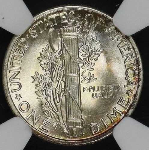 1942年 マーキュリーダイム NGC MS 66+ 美しい輝きを放つホワイトシルバーサテン、深紅