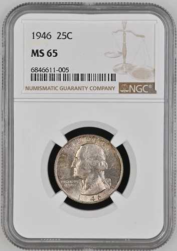 1946-P - ワシントン クォーター - NGC MS65 - 美しい色調のマークフリーの宝石!