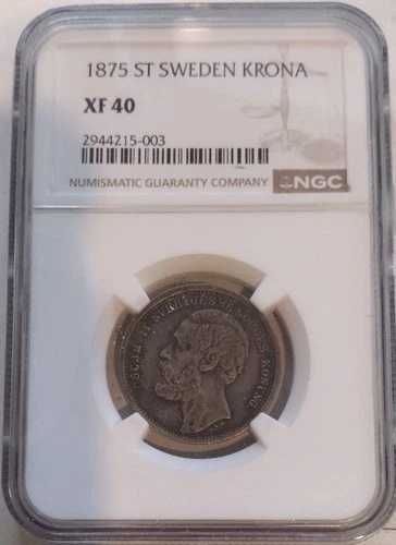 1875年 スウェーデン 1クローナ - NGC XF 40 - 米国送料無料 / 全世界12.50ドル 40,040円