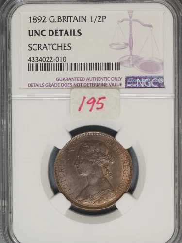 イギリス 1892年 1/2ペニー K-754 NGC UNC 詳細傷あり