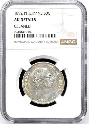1882年フィリピン50センティモ、センタボ、NGC AU詳細 - クリーニング済み、KM-150