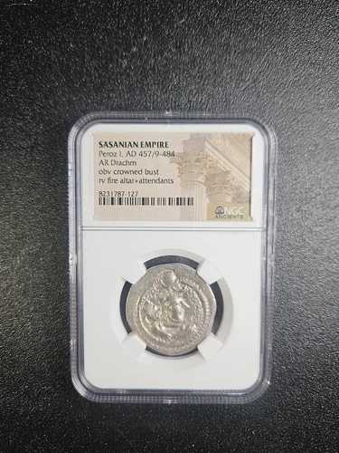 NGC認定！古代ササン朝、ペーロズ1世ドラクマ銀貨！細部まで良好！
