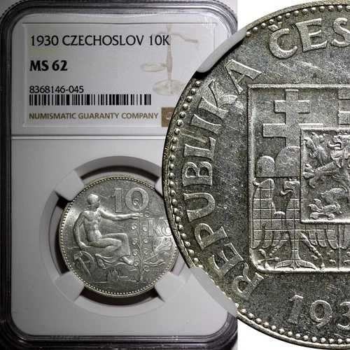 チェコスロバキア シルバー 1930 10 コルン 30 mm NGC MS62 KM# 15 (045)