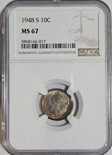 トーン付き MS67 1948 S ルーズベルト ダイム - NGC 認定 - レッド、イエロー、グリーン トーン