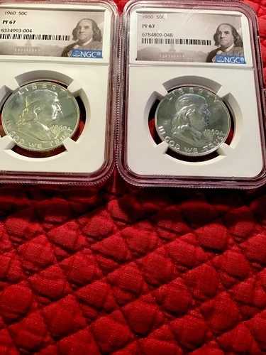 2、1960年 NGC PF67 プルーフ ベン・フランクリン 50セント 90%銀貨 フランクリン肖像画。シミなし。