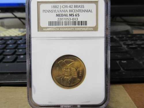 1882 J-CM-42 ペンシルベニア建国200周年記念 米国造幣局 真鍮メダル NGC MS 65