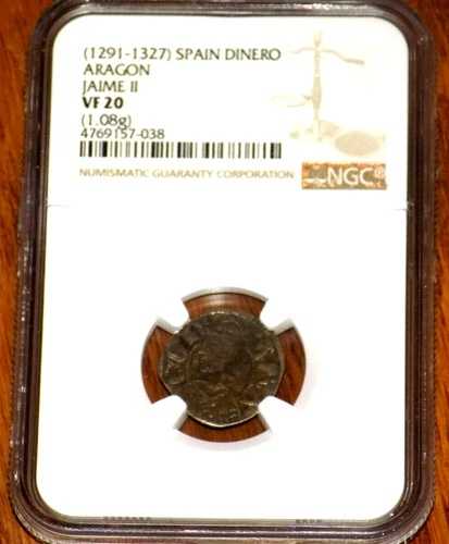 NGC 1291-1327 スペイン ディネロ アラゴン ハイメ2世 VF 20 中世グレードコイン