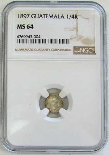 1897年 グアテマラ 1/4レアル 3つの火山 銀貨 NGC ミント ステート 64
