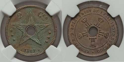 1887年銅貨 2サンチーム コンゴ自由国またはベルギー領コンゴ 中央ホール UNC