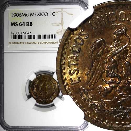 メキシコ ブロンズ 1906 Mo 1 Centavo GRADED NGC MS64 RB KM# 415 (047)