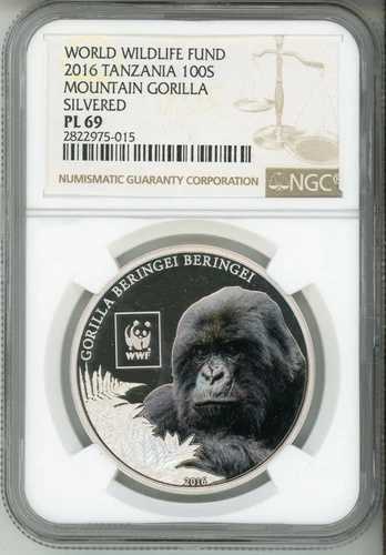 2016 100S WWF タンザニア - マウンテンゴリラ - カラー化 - メッキ - NGC PL 69
