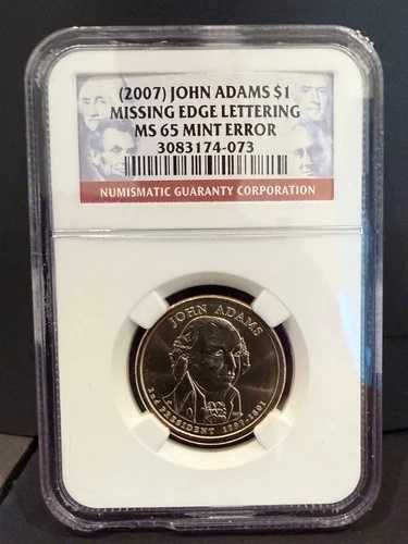 2007 ジョン・アダムス 1ドル - 縁の文字欠落 PCGS MS65 造幣局エラー ビジネスストライキ