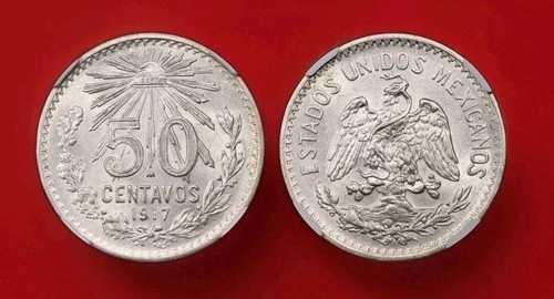 メキシコ 1917-M 銀貨 50センタボ KM-445 NGC MS63