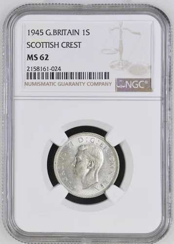 イギリス - 1945年 ジョージ6世 銀貨 - スコットランド紋章 - NGC MS62